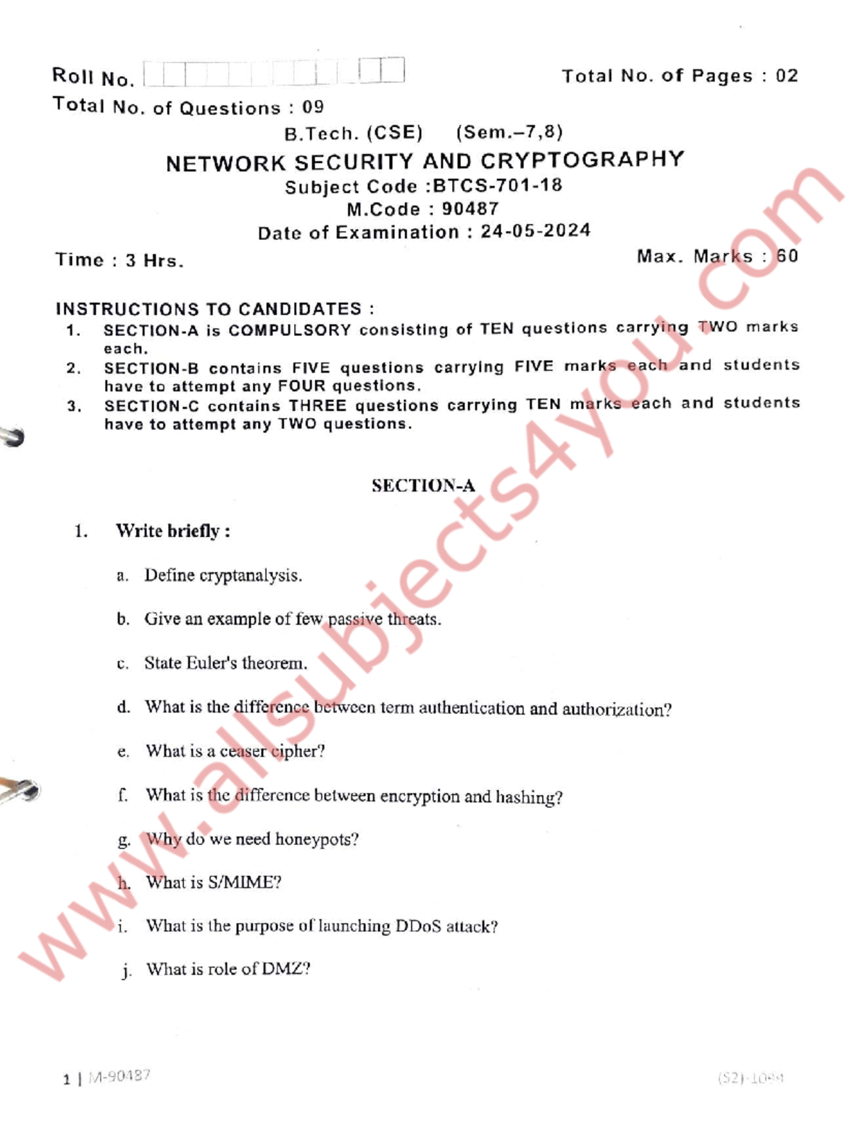 B.Tech. (CSE) Network Security & Cryptography Exam Notes (M.Code: 90487 ...