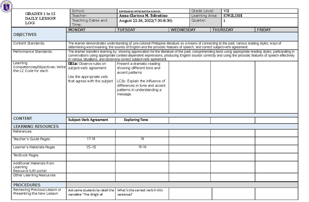 English 7 - Daily Lesson Log (DLL) for Grade VII - Quarter 1 - Studocu