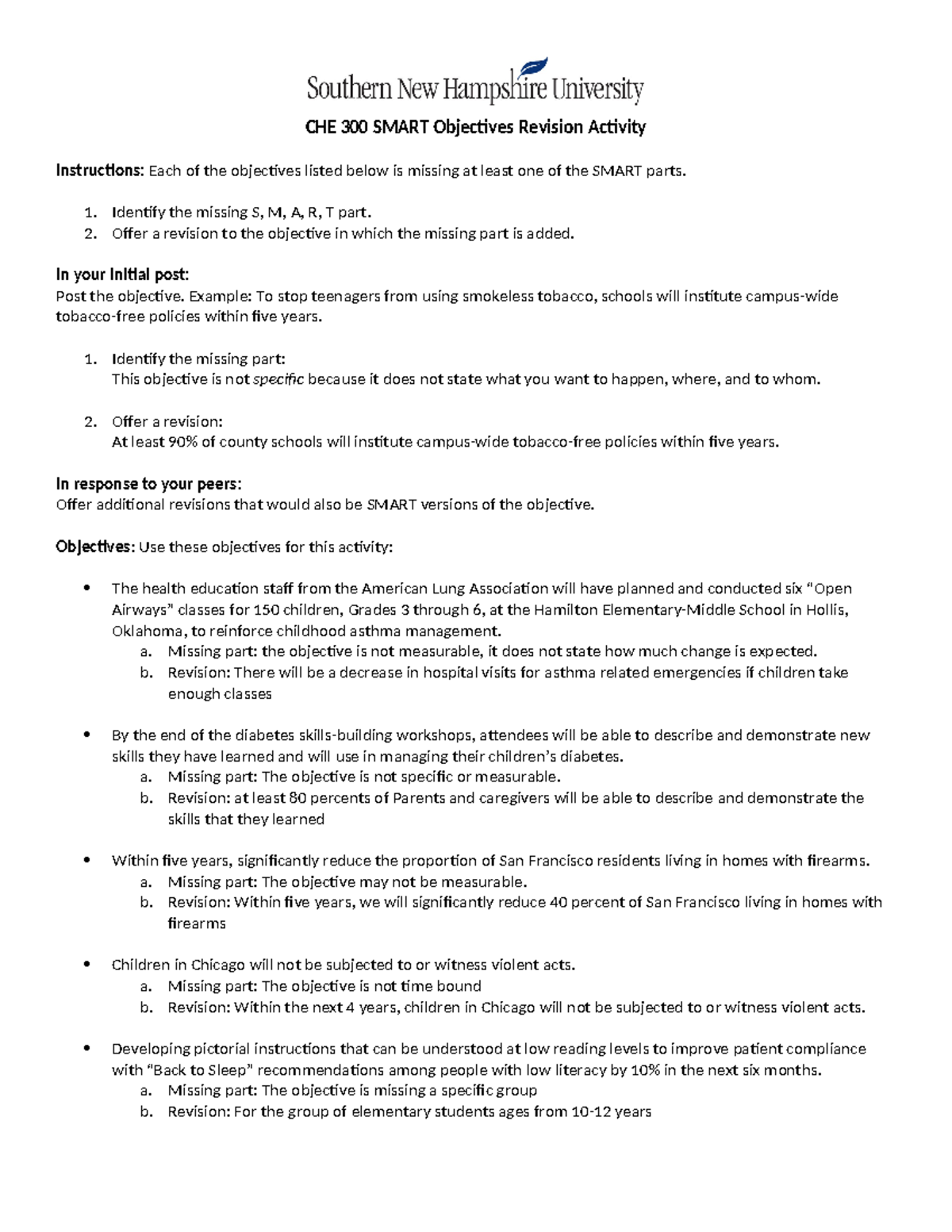 CHE 300 SMART Objectives Revision Activity Guide and Examples - Studocu