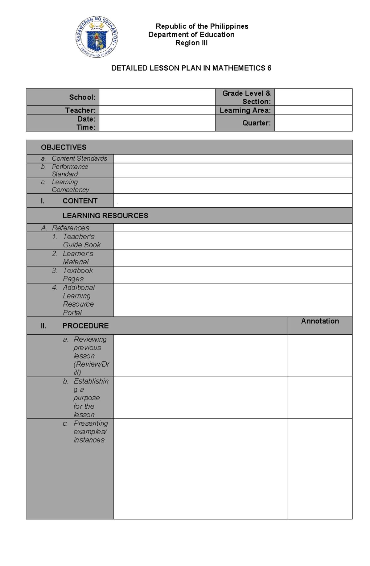 Detailed Lesson Plan Template for Mathematics 6 - Studocu
