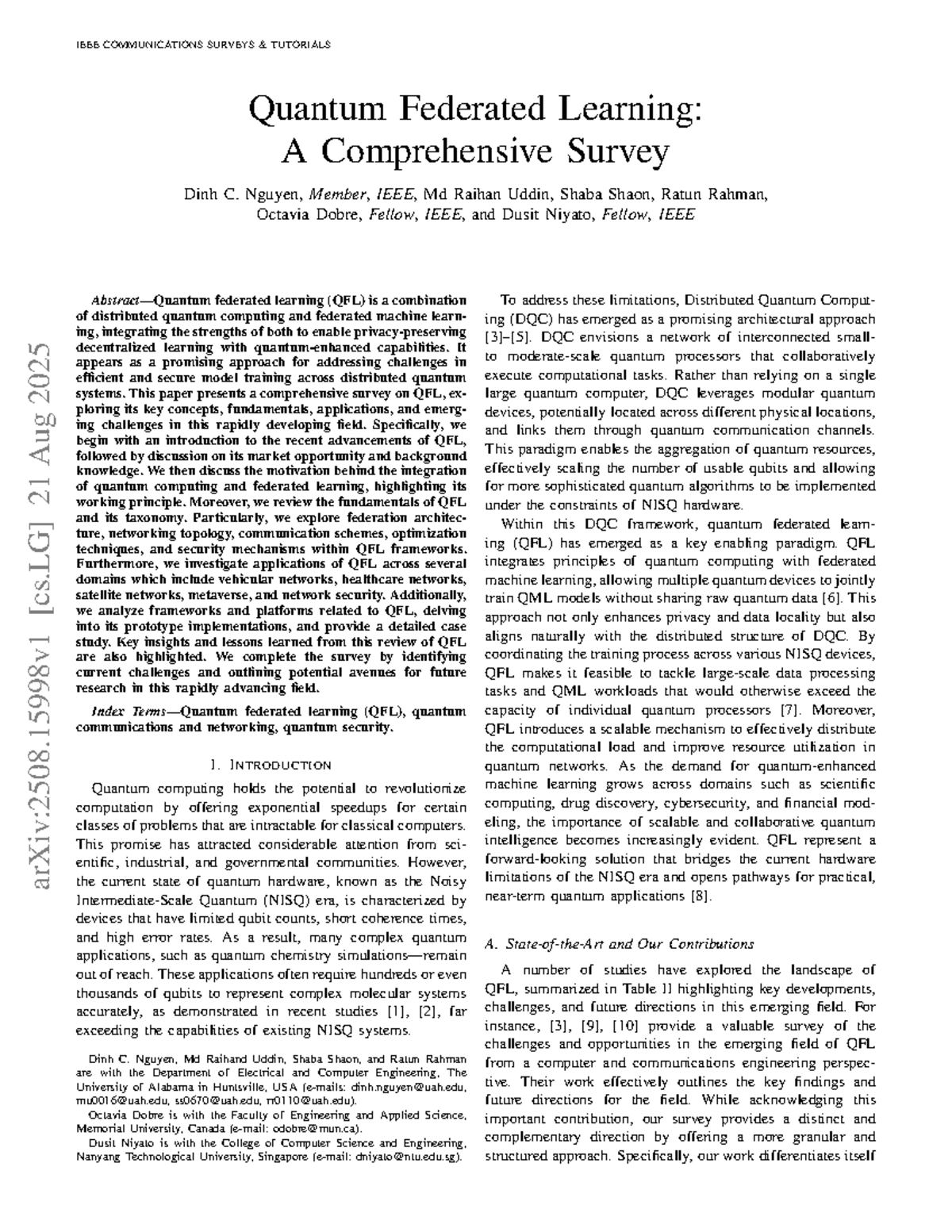COMMUNICATIONS SURVEYS TUTORIALS: Quantum Federated Learning (QFL ...