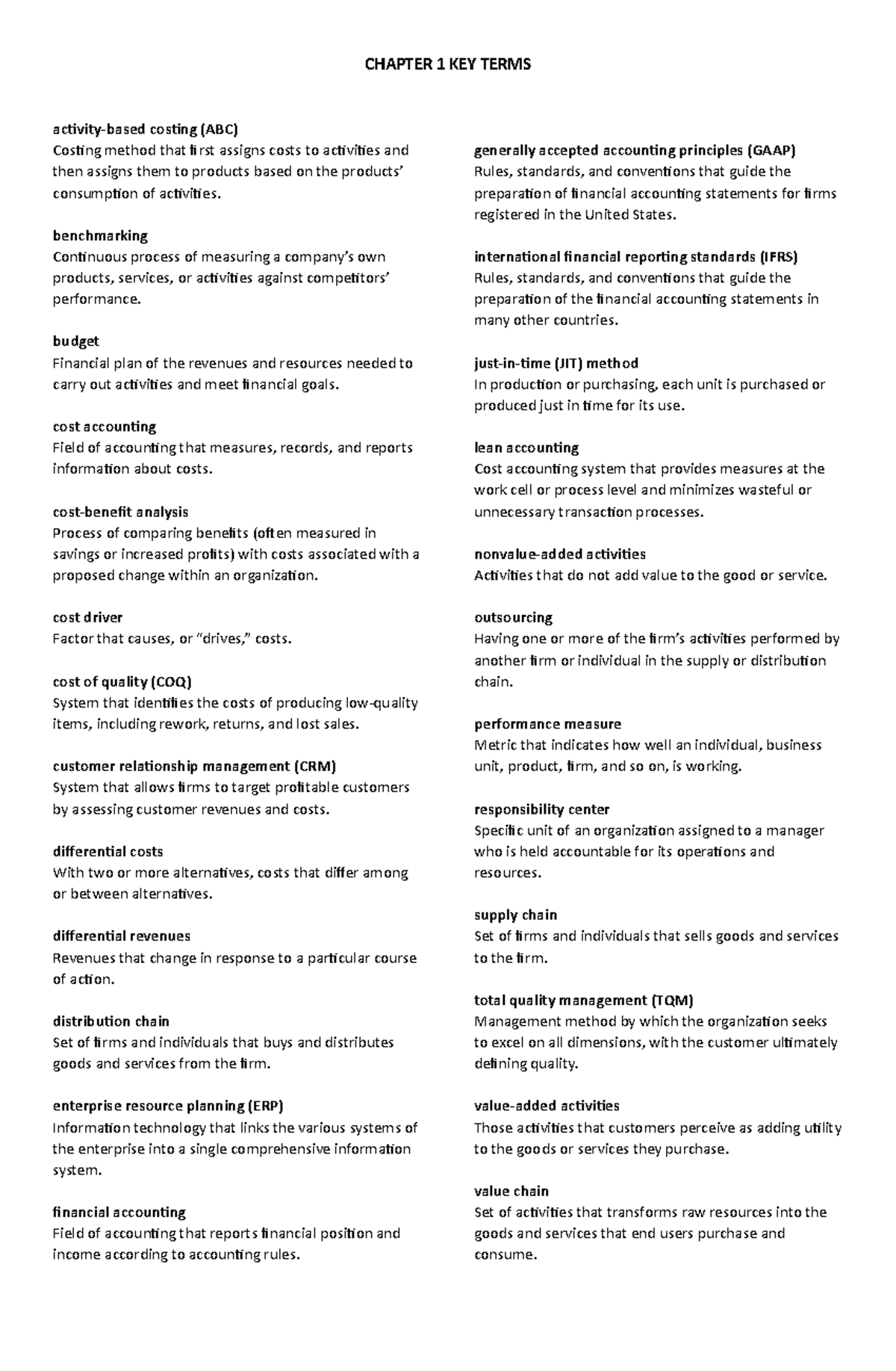 Chapter 1: Cost Accounting: Information for Decision Making KEY TERMS ...