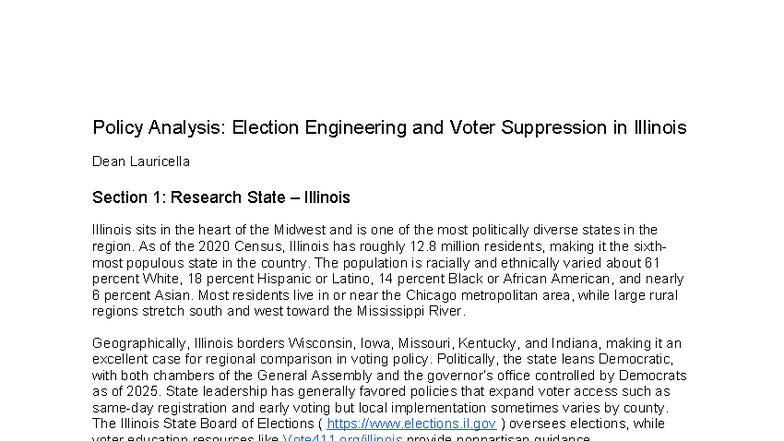 Policy Analysis: Election Engineering & Voter Suppression in IL - Studocu