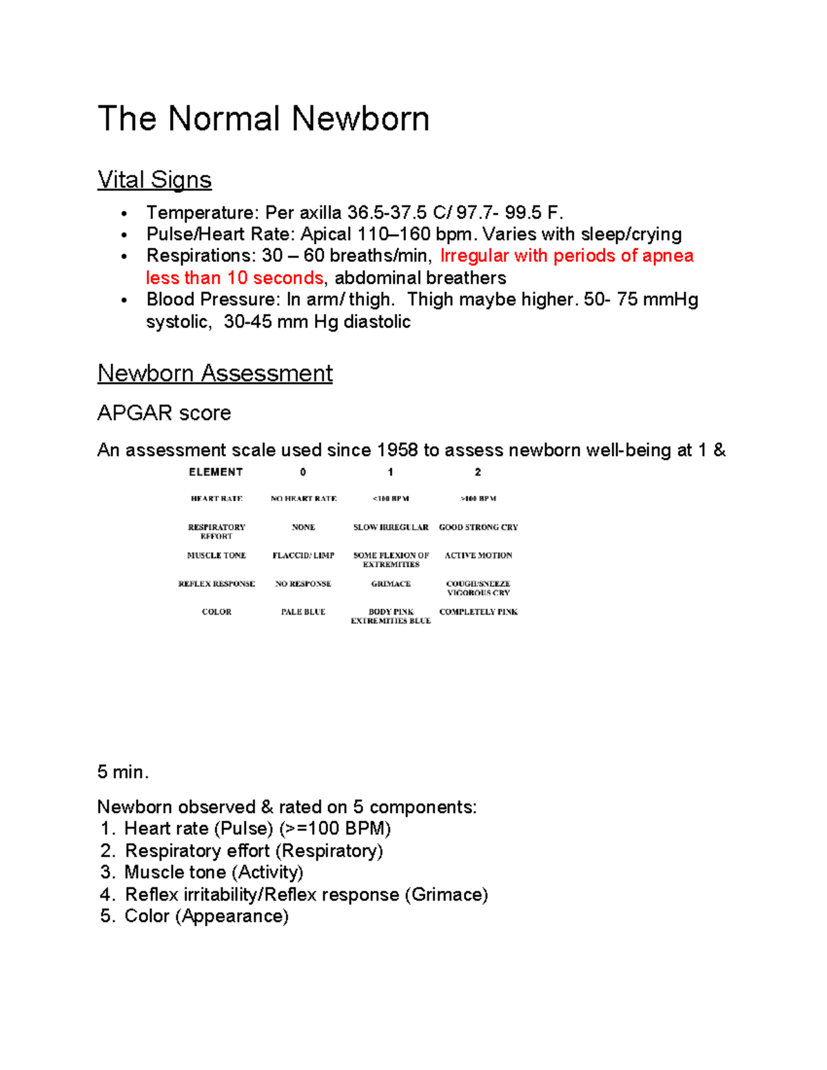 Normal Newborn Assessment Notes (Course Code: NUR 101) - Studocu