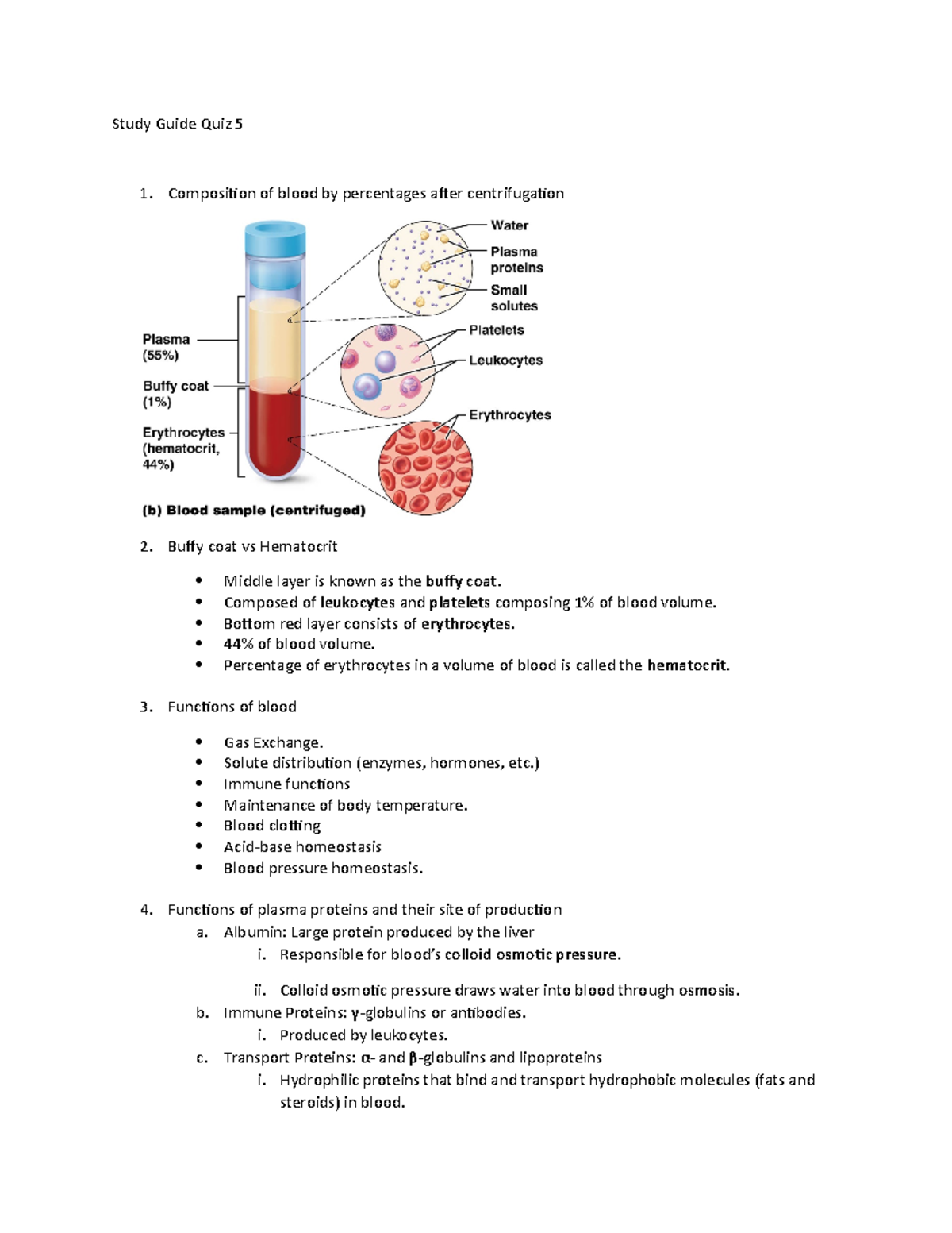 Study Guide for Quiz 5: Blood Composition and Functions - Studocu