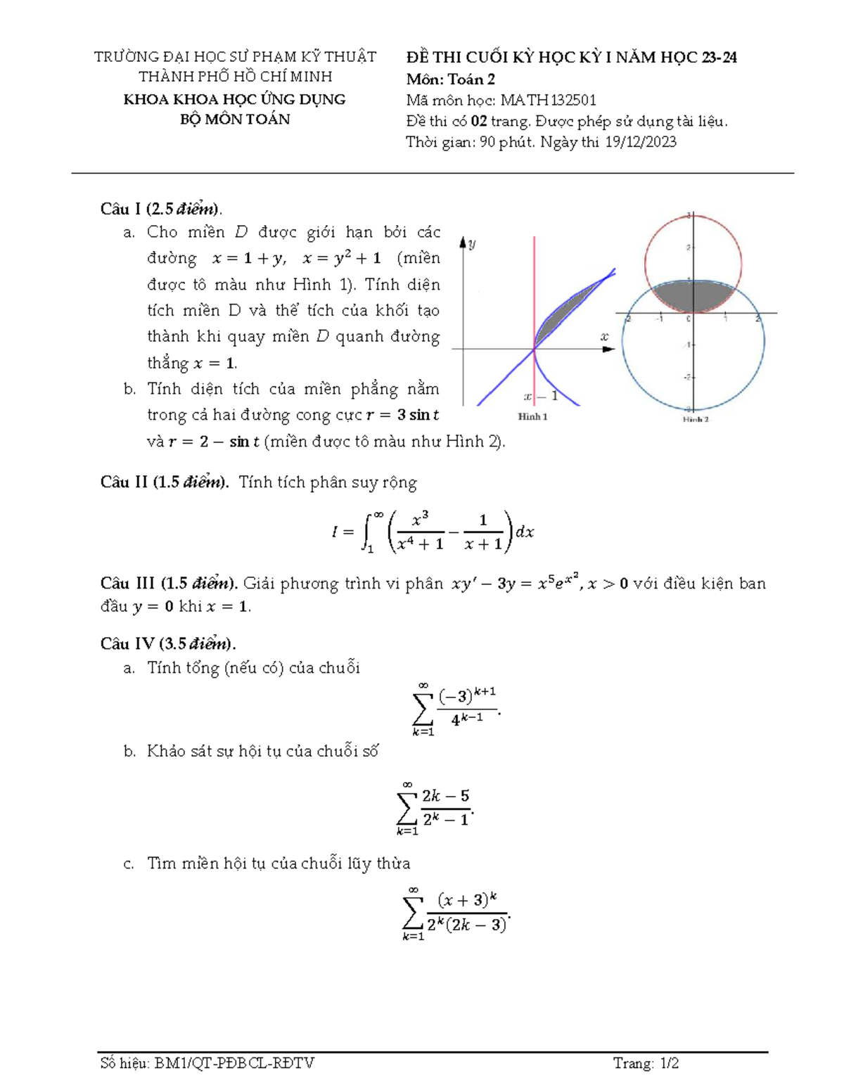 ĐỀ THI CUỐI KỲ HỌC I Môn TOÁN 2 - Mã Môn MATH (Năm Học 23-24) - Studocu