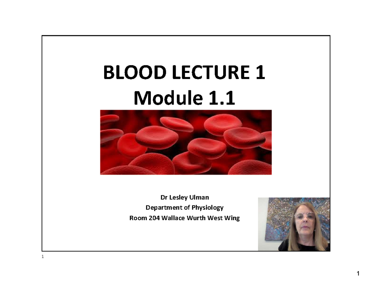 Blood Lecture 1.1: Functions and Components of Blood - Studocu