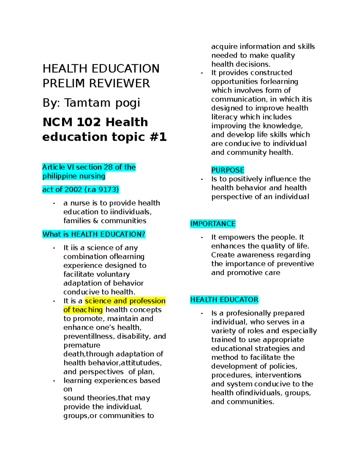 NCM 102 Health Education Prelim Reviewer: Key Concepts & Strategies ...