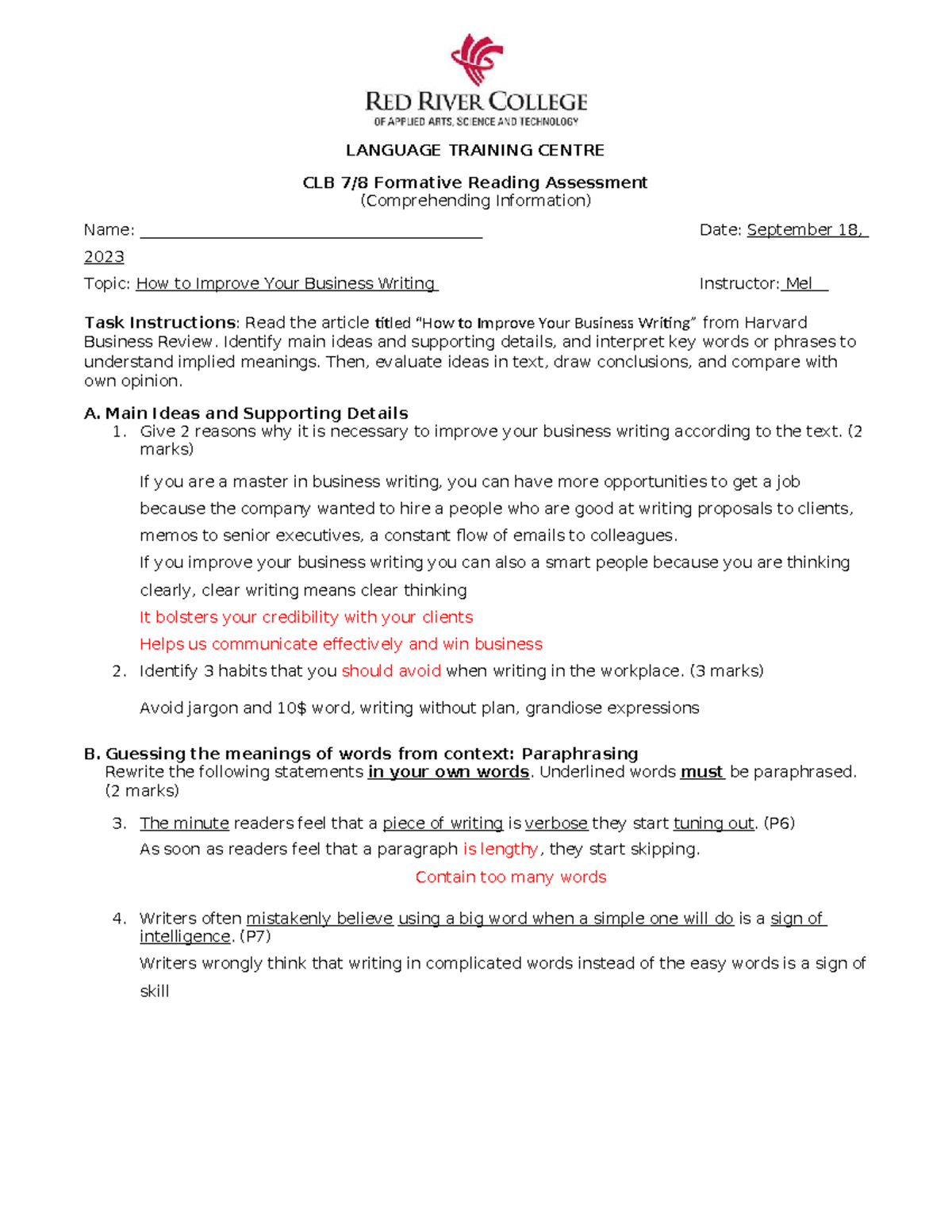 CLB 7-8 Formative Reading Assessment: Improving Business Writing - Studocu