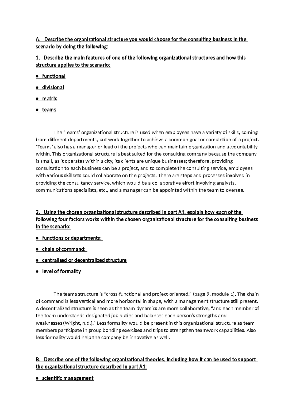 Organizational Structure Analysis for Consulting Business (Task 1: BEA ...