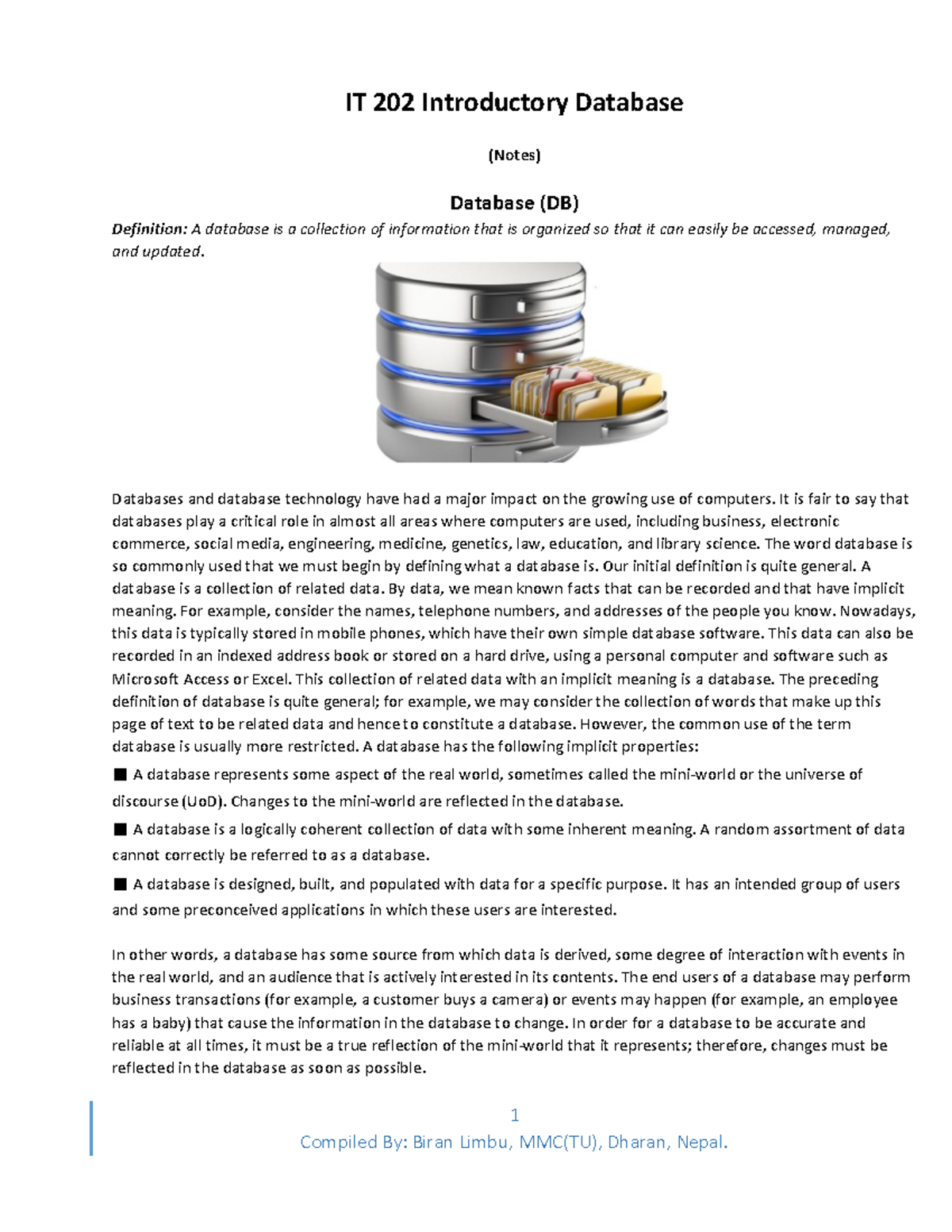 BBA 2nd Sem IT 202 Updated Database Notes for Academic Success - Studocu
