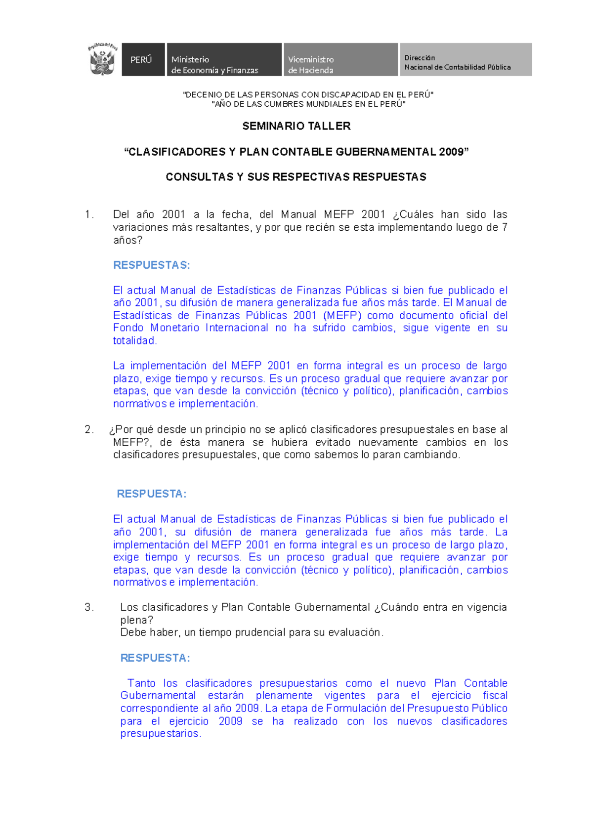 Respuestas Consolidadas sobre el MEFP 2001 y Clasificadores ...
