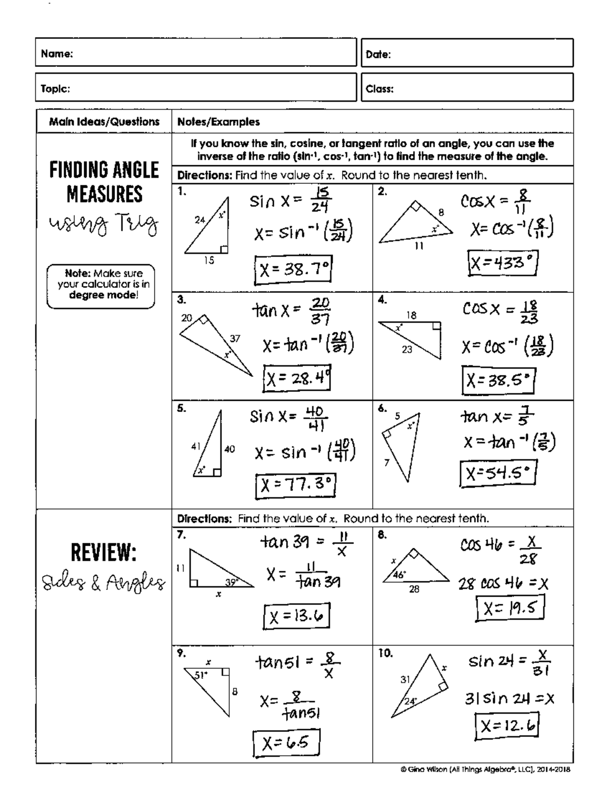 Unit 7: Right Triangles Trigonometry - HW#5 Notes on Sides & Angles ...