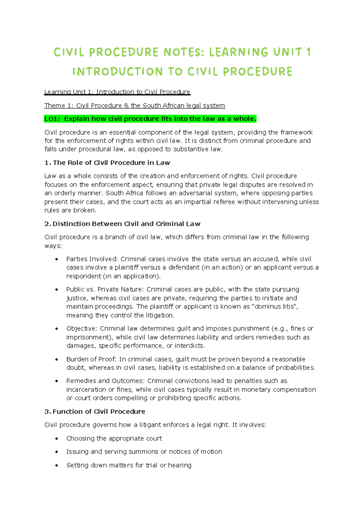 CIVIL PROCEDURE NOTES: LU 1 - INTRODUCTION TO CIVIL PROCEDURE - Studocu