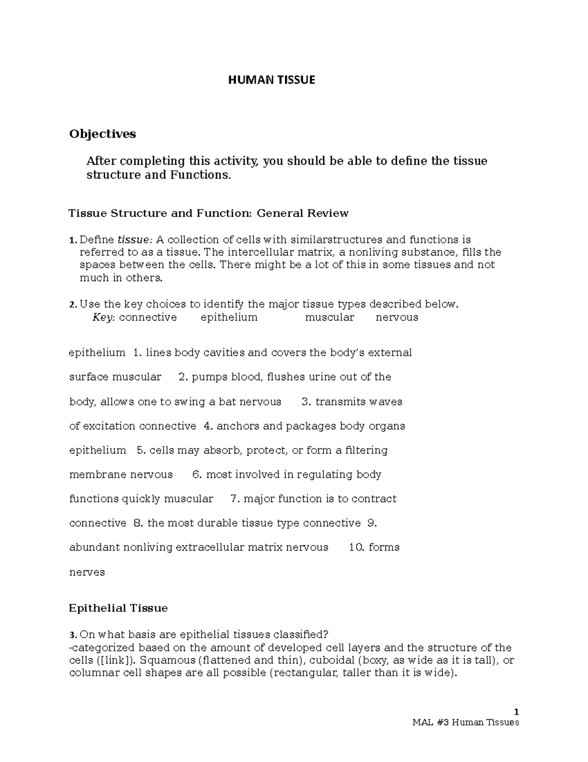 Human Tissues: Structure & Functions Overview (MAL) - Studocu