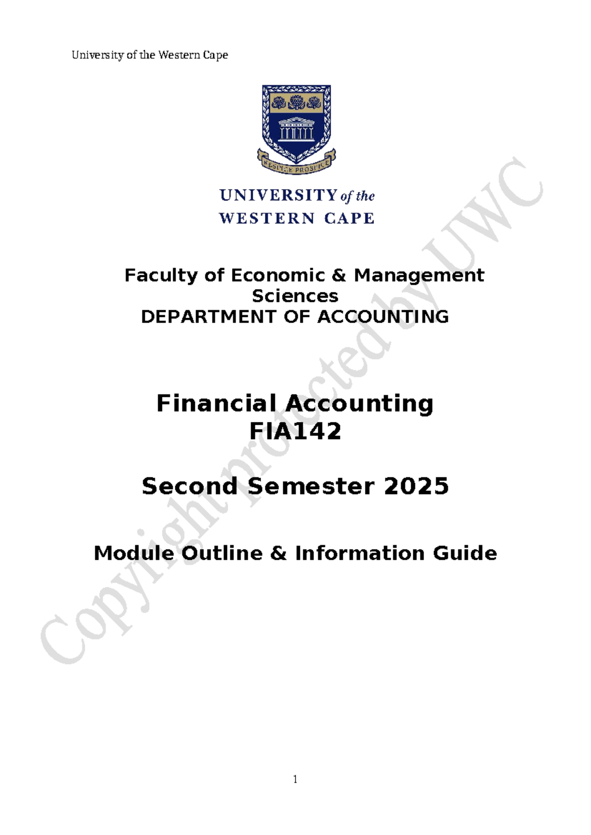 FIA142 Financial Accounting Second Semester 2025 Module Outline - Studocu