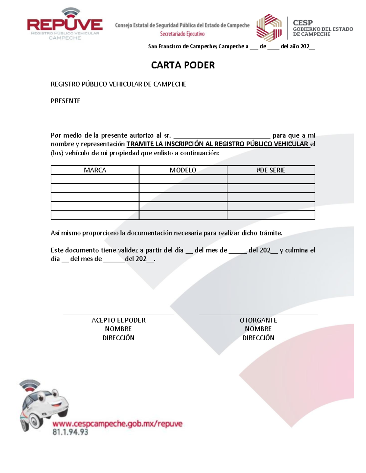 Carta Poder Repuve - para la practica de derecho - San Francisco de ...