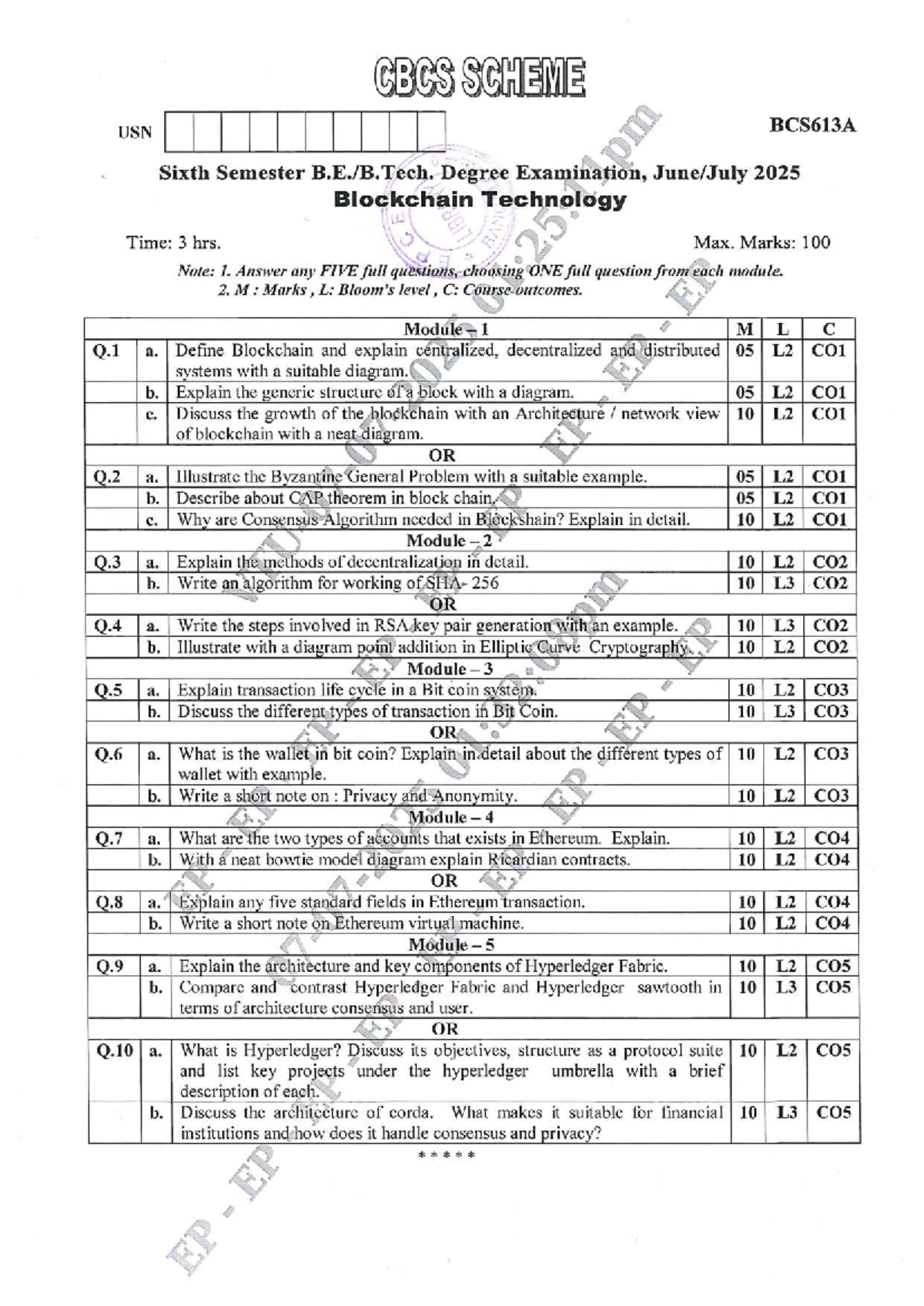 BCS613A Sixth Semester Blockchain Technology Exam Guide 2025 - Studocu
