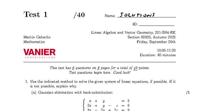 2025 3A SN4 Test 1 Solutions: Linear Algebra & Vector Geometry - Studocu
