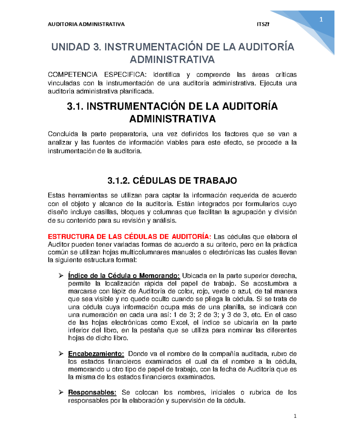 Unidad 3: Instrumentación y Ejecución de la Auditoría - ITSZN - Document Preview