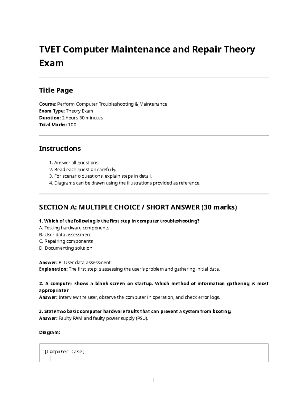 TVET Computer Troubleshooting Maintenance Theory Exam Guide - Studocu