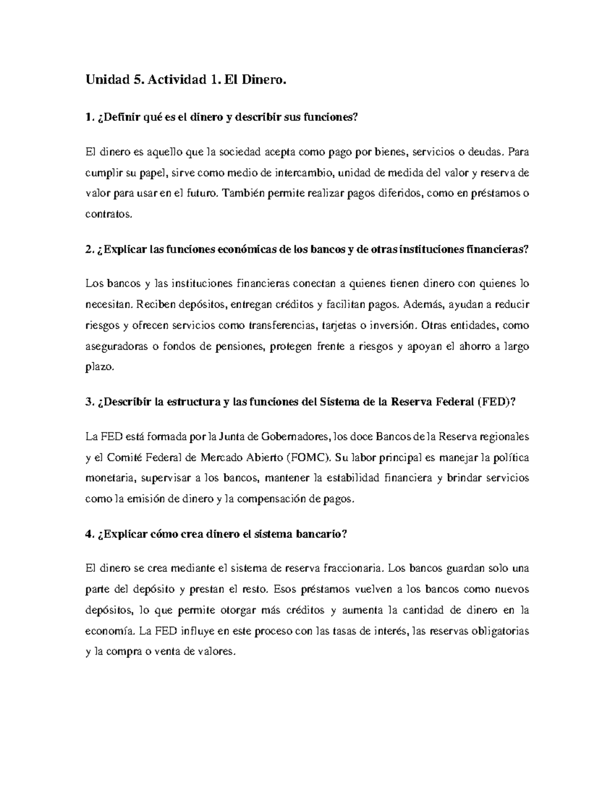 Unidad 5: El Dinero y Funciones del Sistema Financiero - Studocu