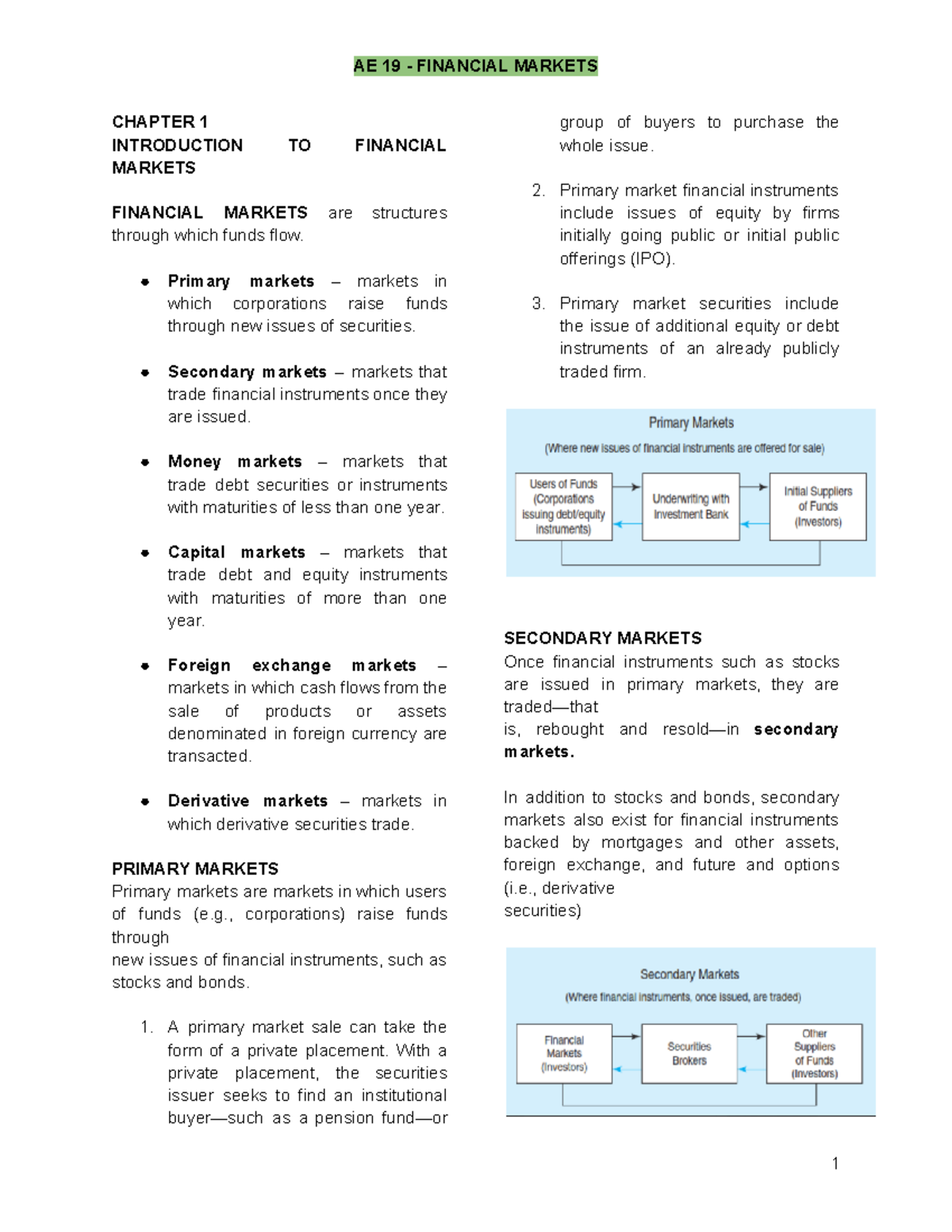 AE 19 - Financial Markets Chapter 1 Notes and Overview - Studocu