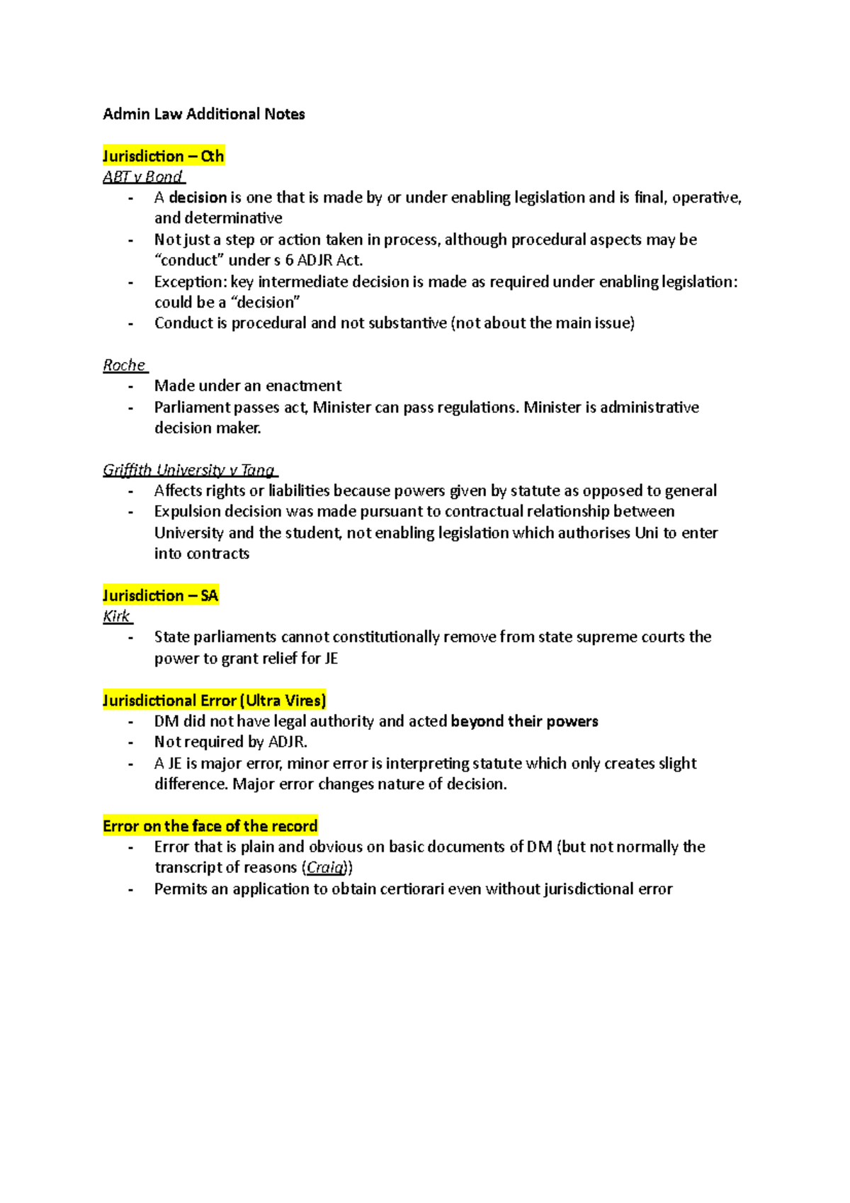 Admin Law Notes: Key Concepts and Cases for CTH & SA Jurisdiction - Studocu