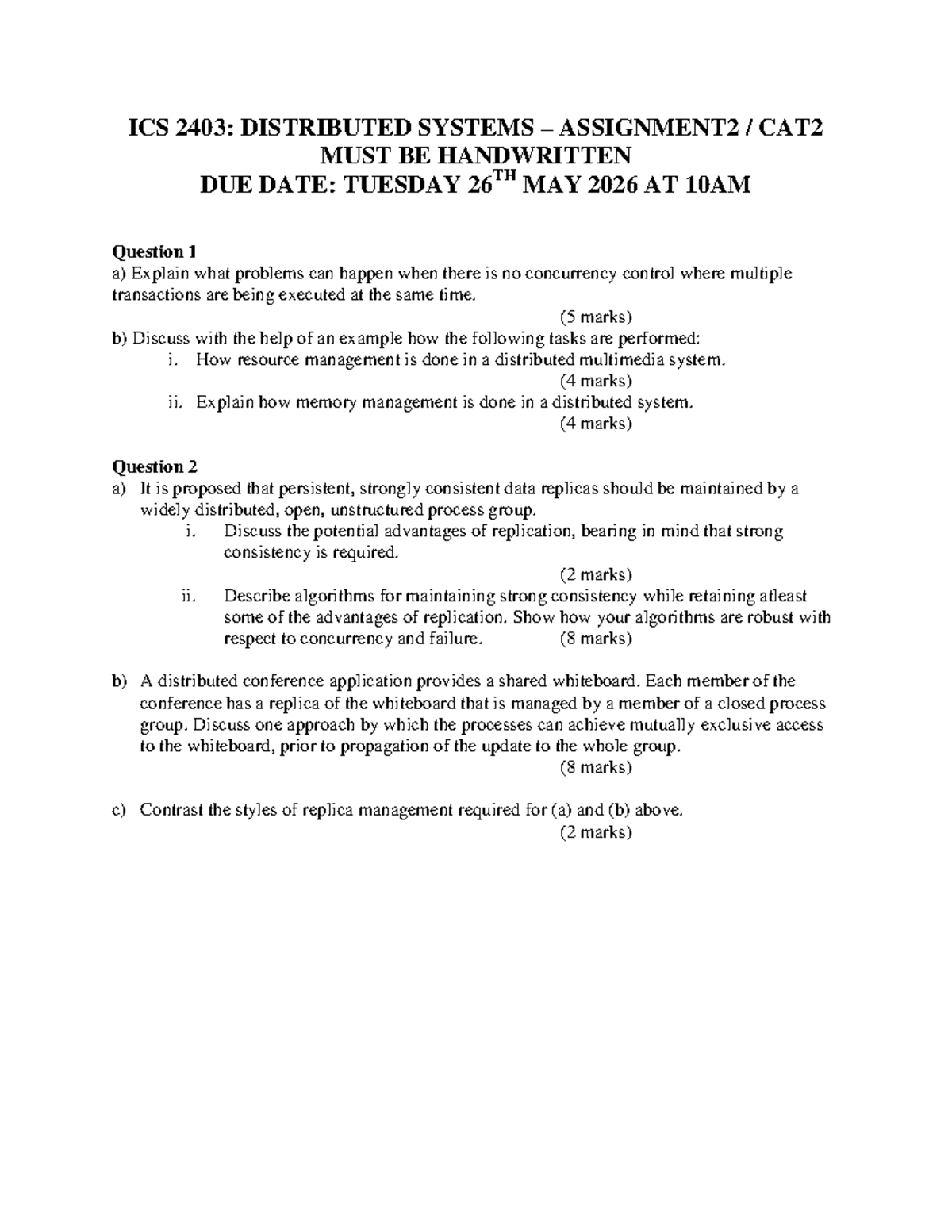 ICS 2403: Distributed Systems Assignment 2 - Concurrency & Replication ...