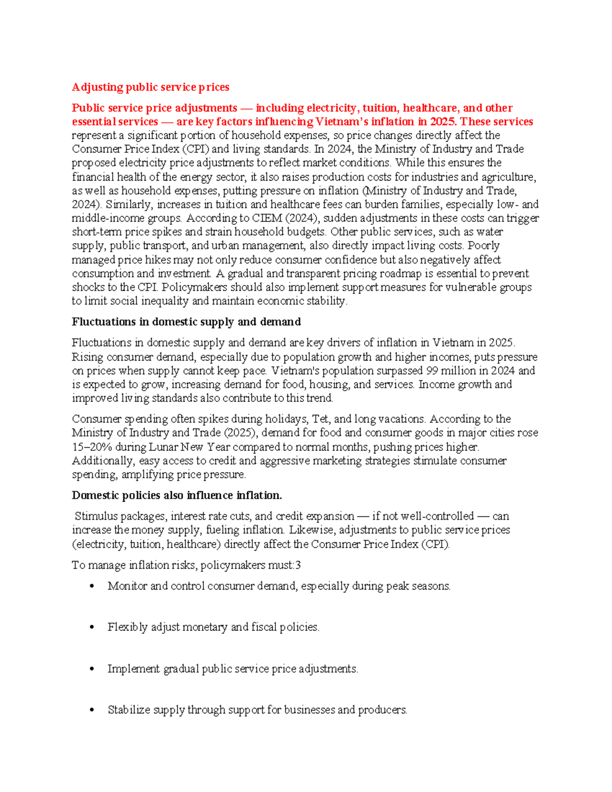 Public Service Price Adjustments and Inflation in Vietnam 2025 - Studocu