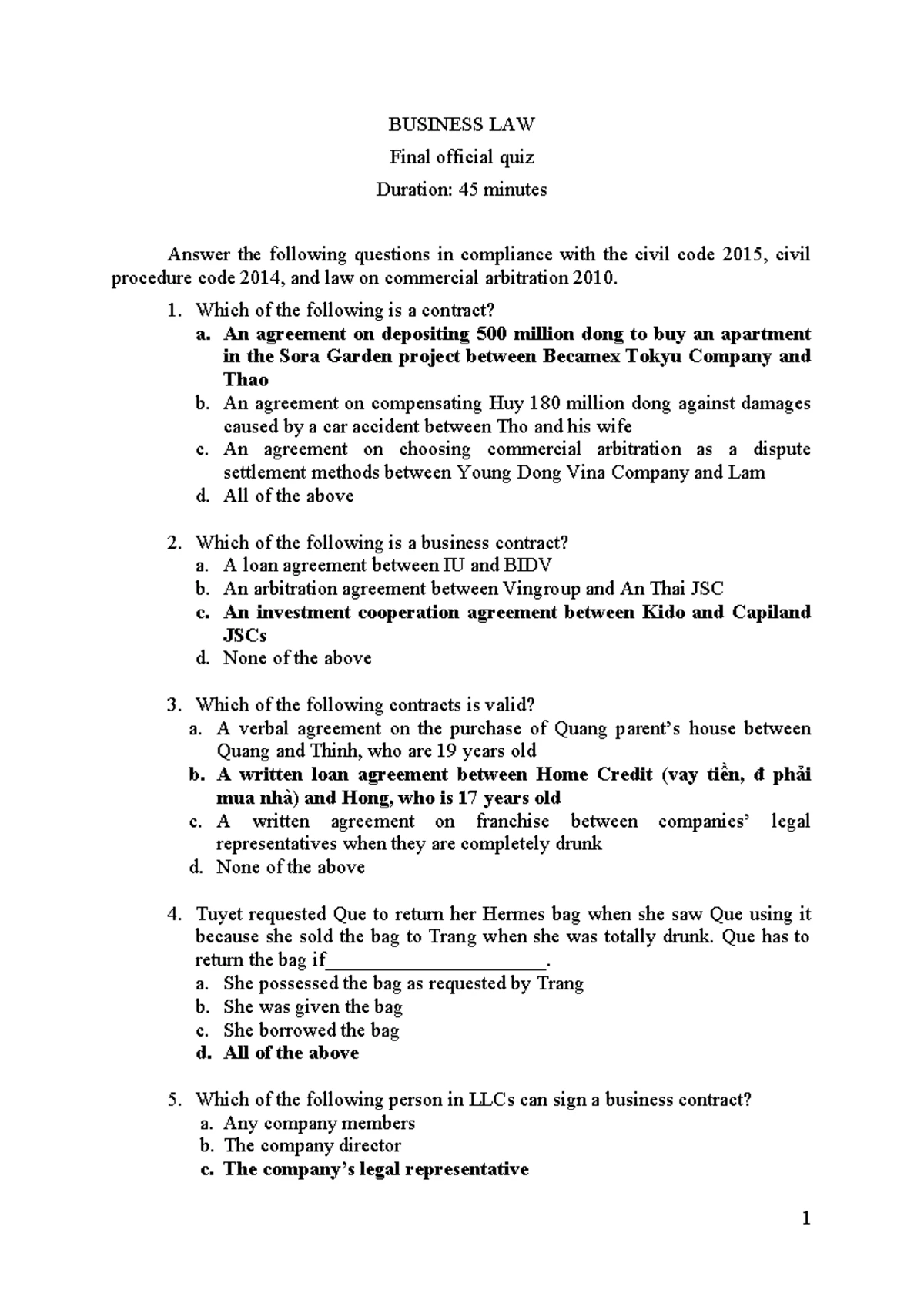 6. Đề Thi Thử 1 - BUSINESS LAW Final Exam Sample Test - Studocu