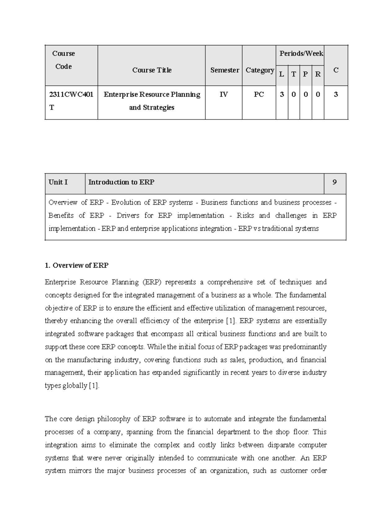 ERP 2311CWC401 Unit I Notes: Introduction & Overview of ERP - Studocu