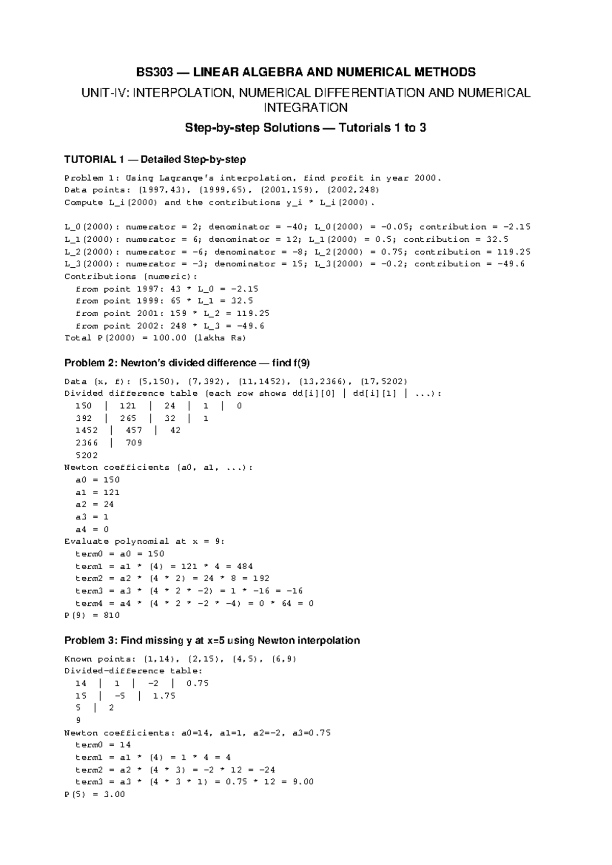 BS303 LINEAR ALGEBRA TUTORIALS: INTERPOLATION & NUMERICAL METHODS - Studocu