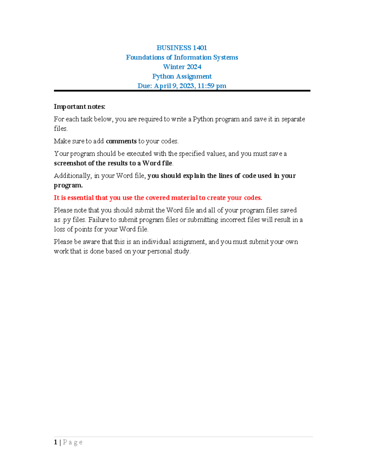 Python Assignment - BUS1401 - Winter 2024 - Studocu