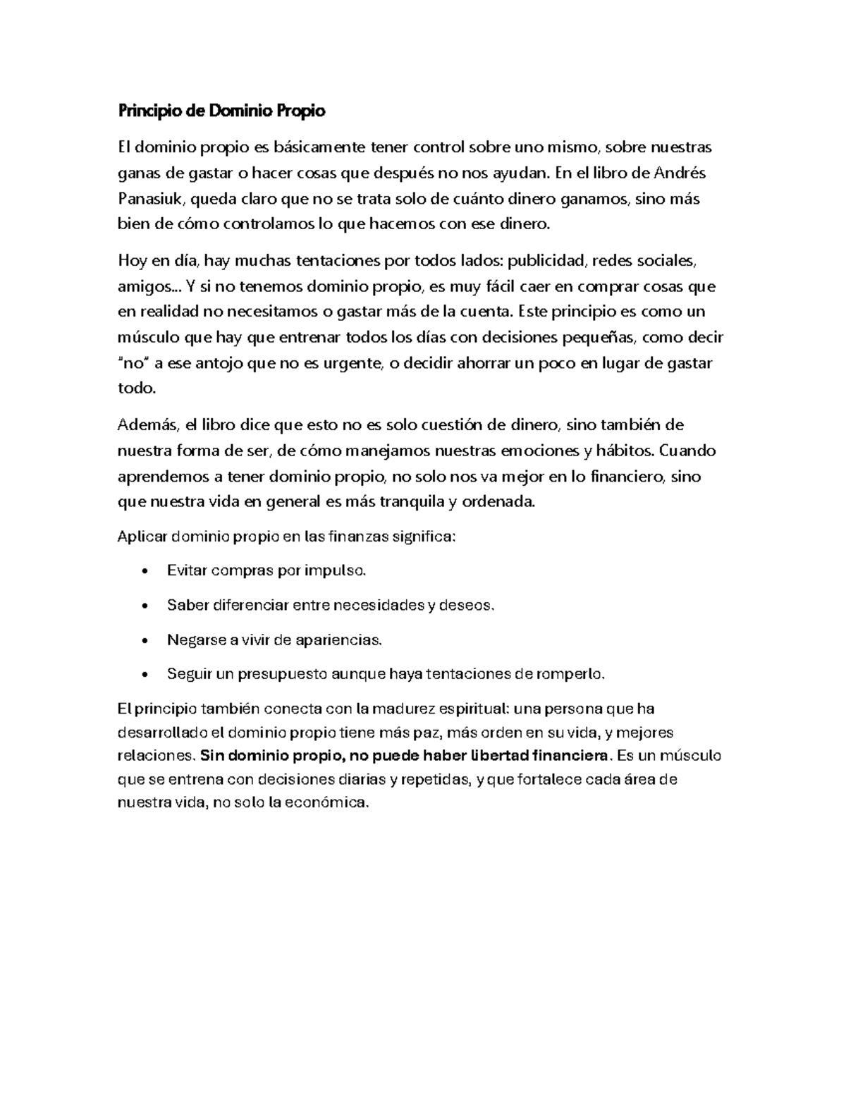Principio de Dominio Propio: Control Financiero y Emocional - Studocu
