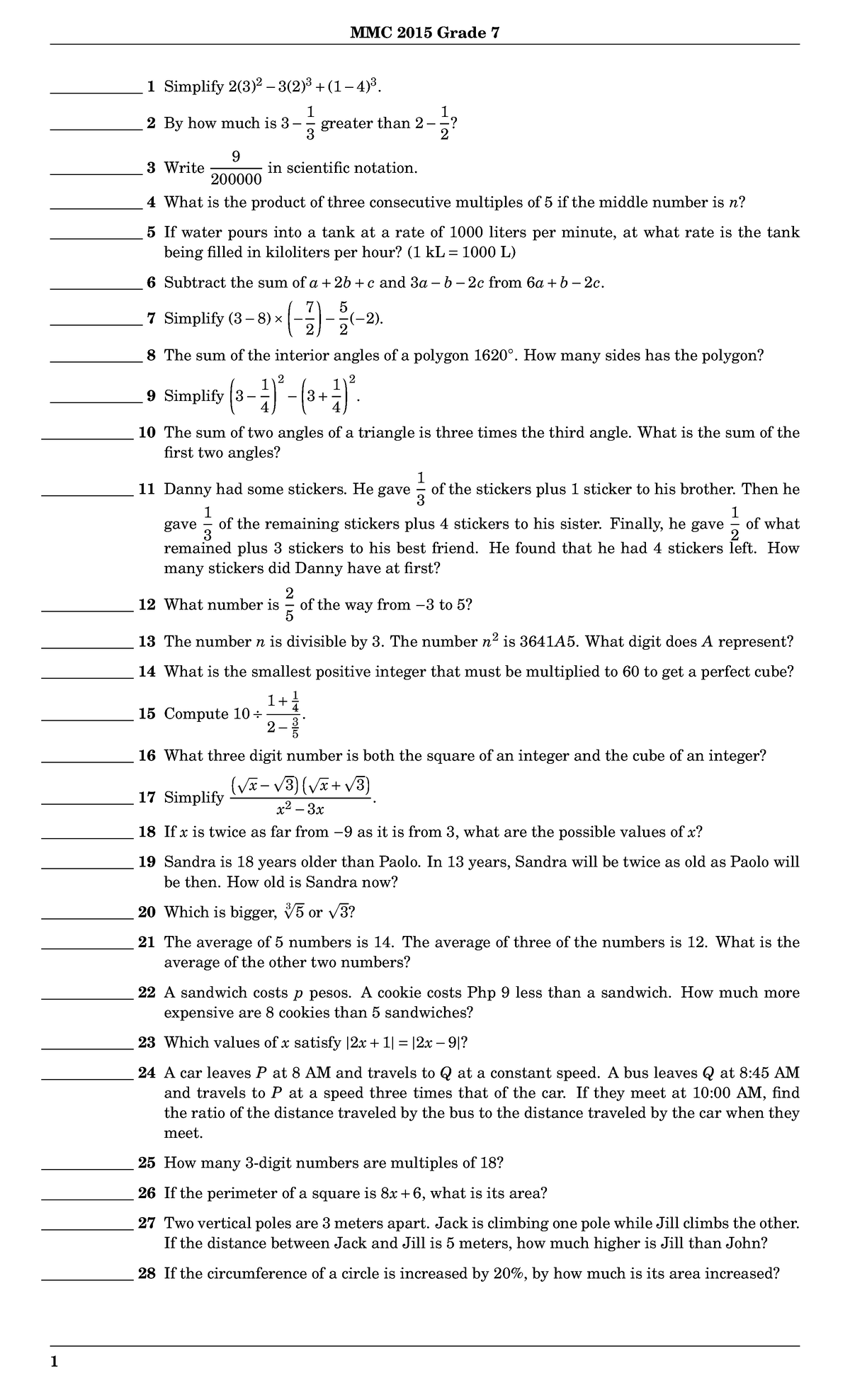 Grade 7 MMC 2015 math problems and solutions - Studocu