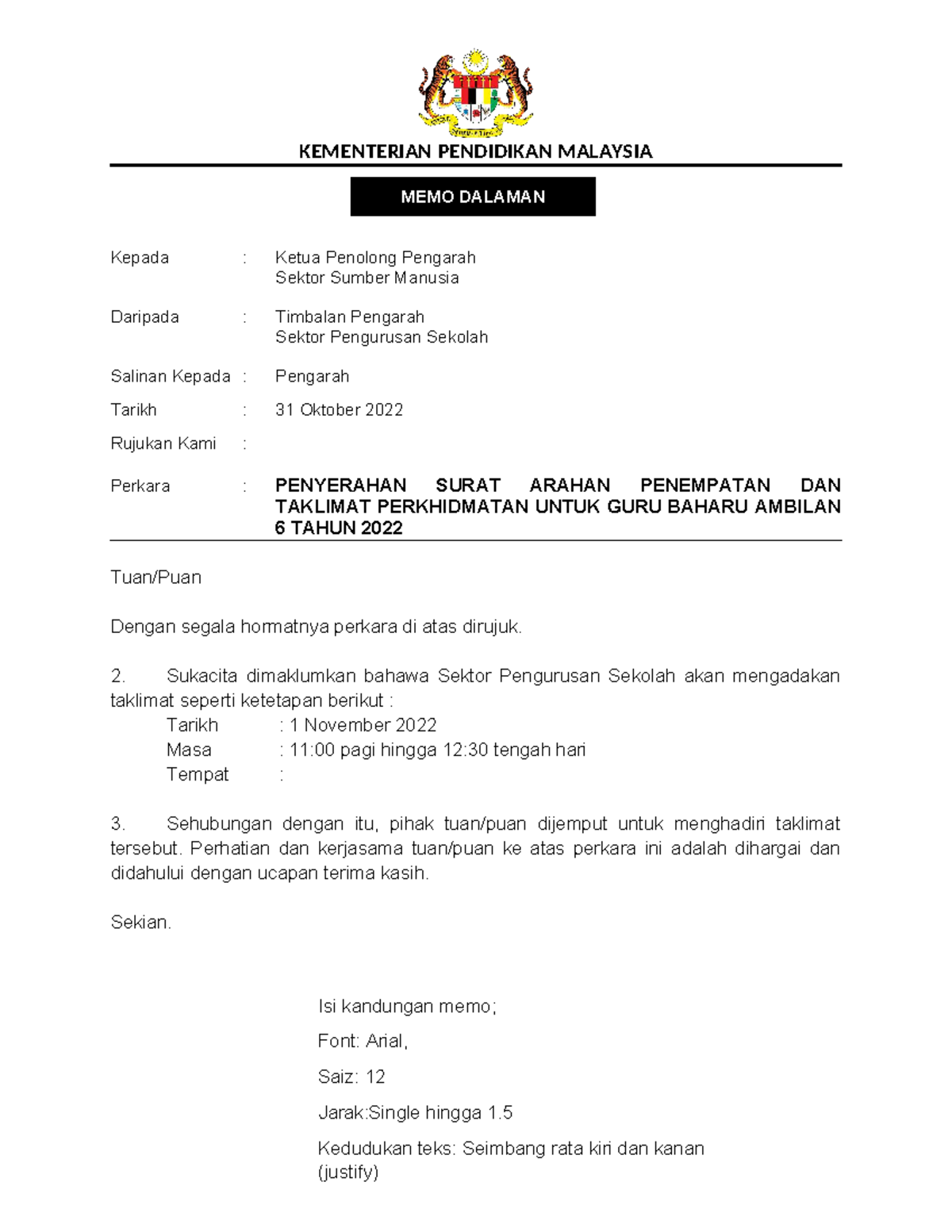 Contoh Templat Memo KPM: Taklimat Perkhidmatan Guru Baharu 2022 - Studocu