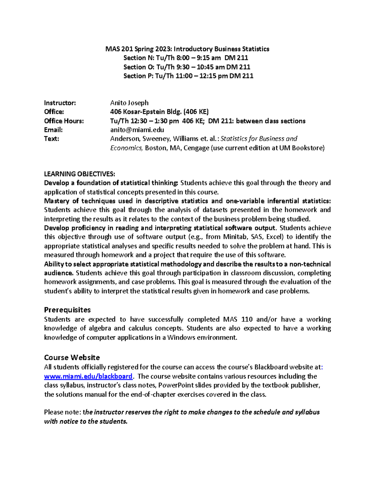 MAS201 Syllabus - Business Statistics Spring 2023 Overview - Studocu