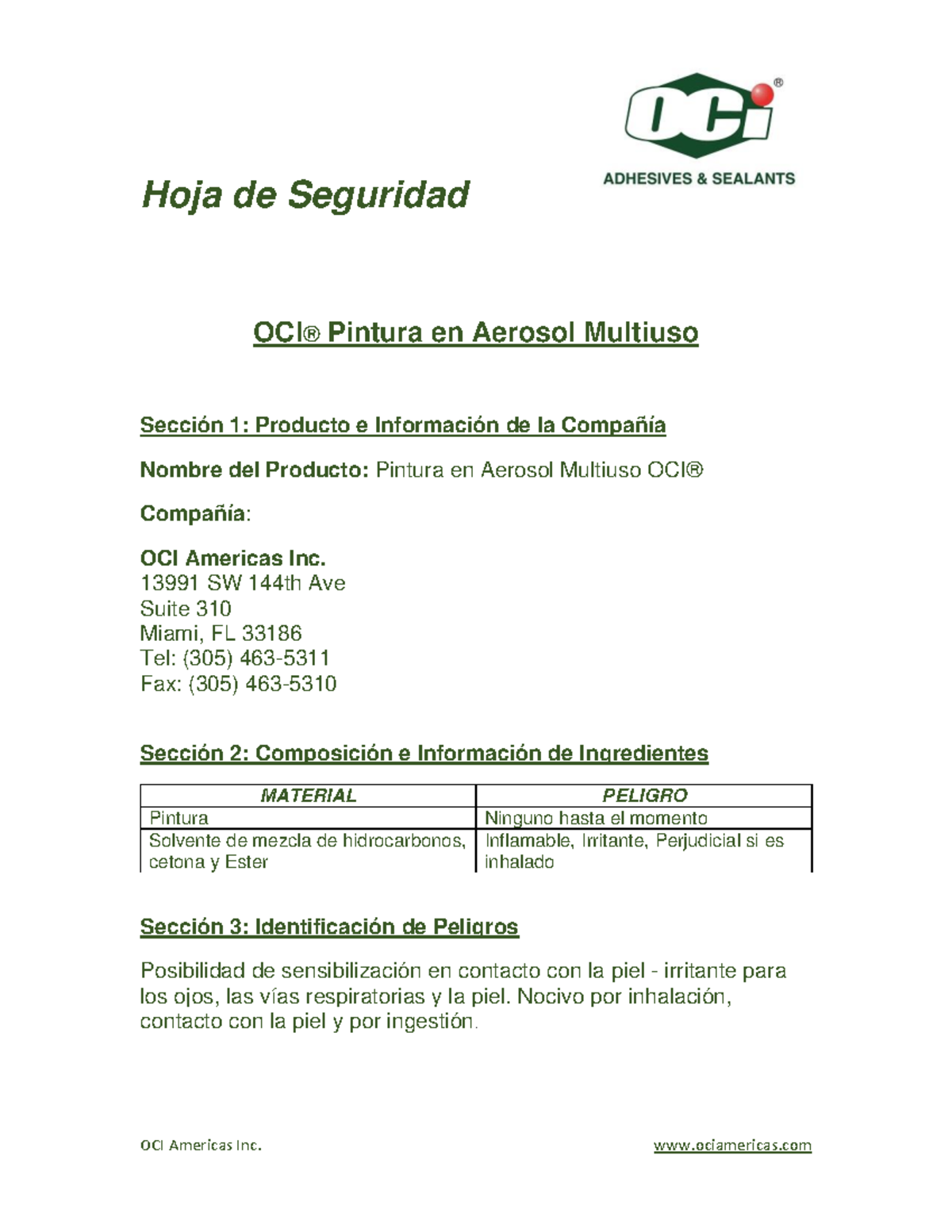 Ficha de Seguridad - Pintura en Aerosol Multiuso - OCI - Document Preview