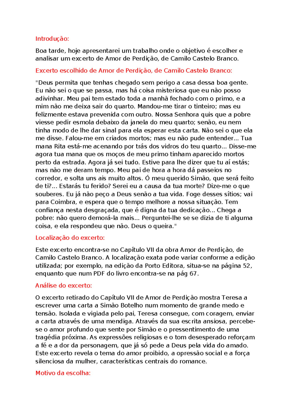 Trabalho de Português – Excerto de Amor de Perdição - Introdução: Boa ...