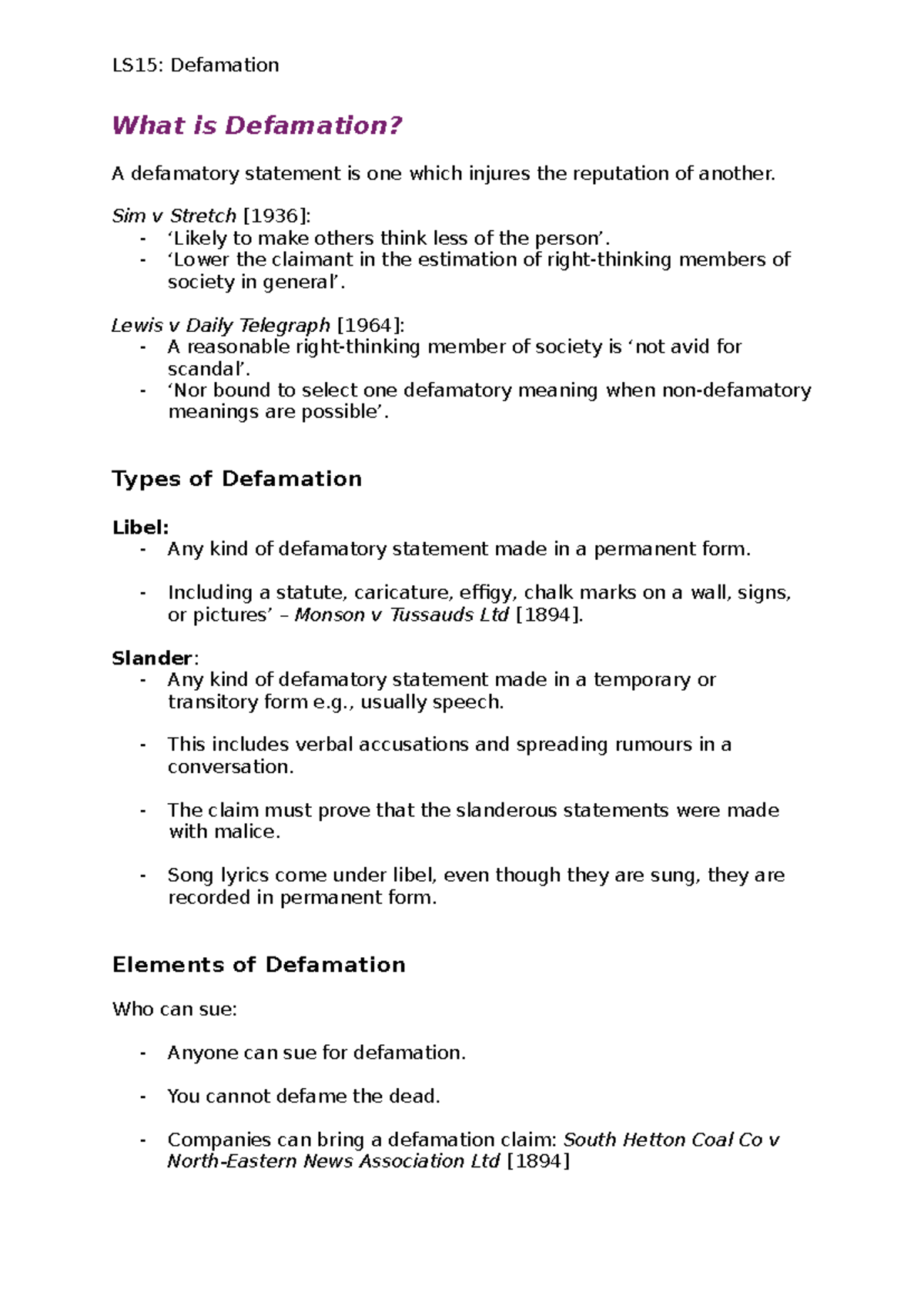 LS15: Defamation Overview and Key Legal Principles Explained - Studocu