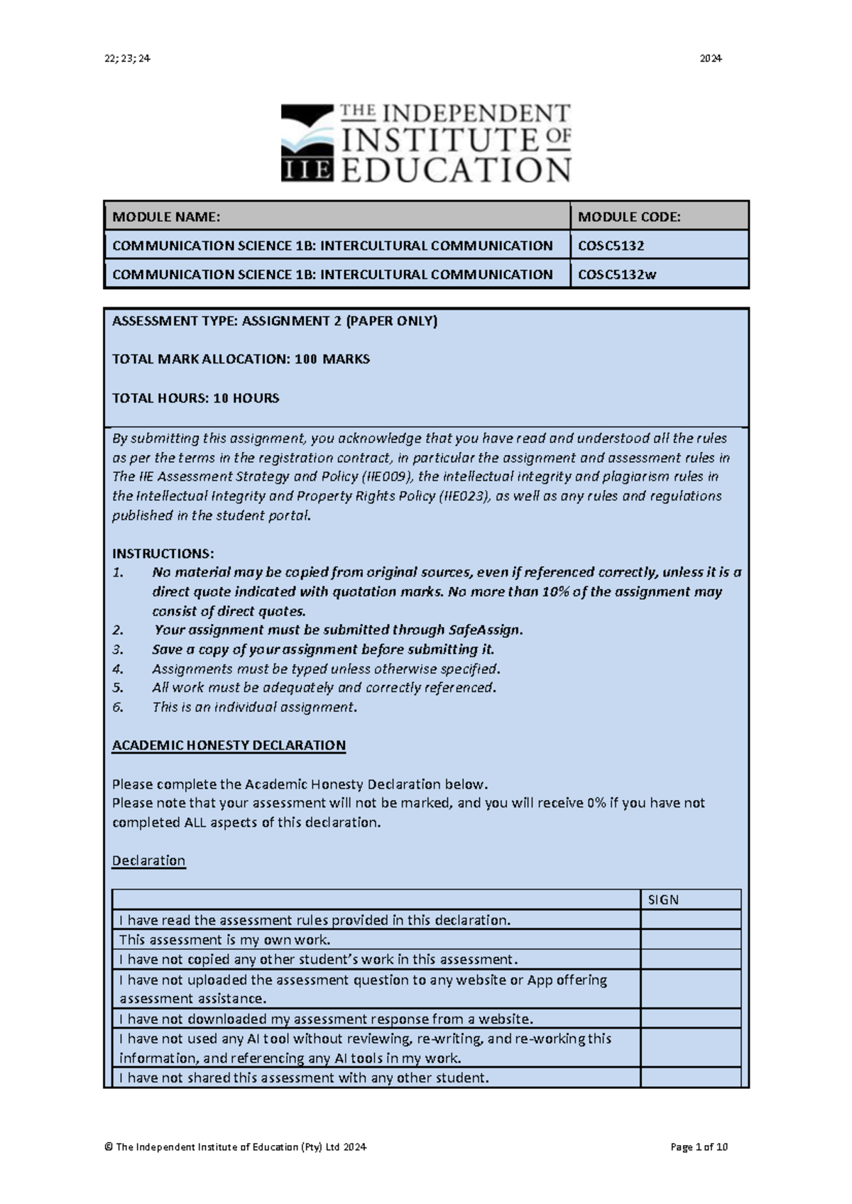 COSC5132w A2 - Assignment - MODULE NAME: MODULE CODE: COMMUNICATION ...