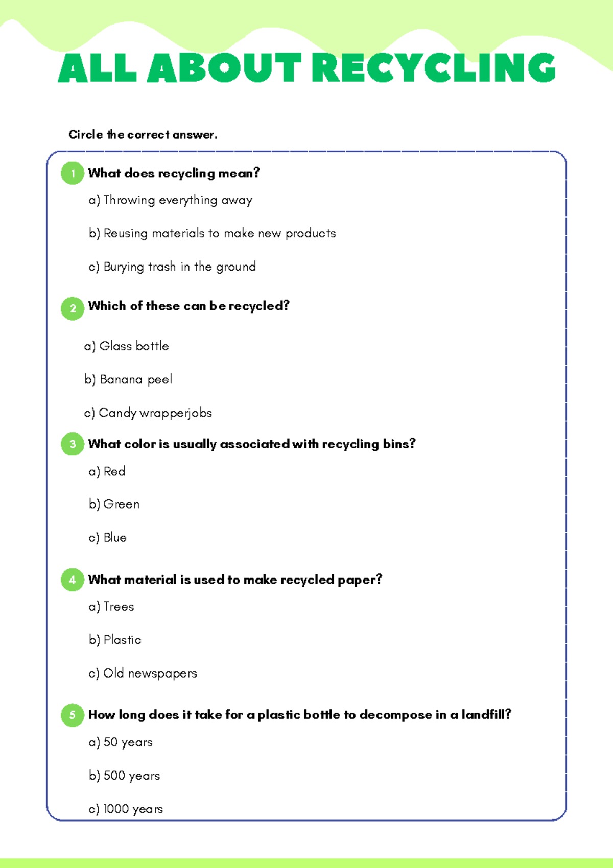 Activity 6 Quiz - Recycling Awareness and Practices - Studocu