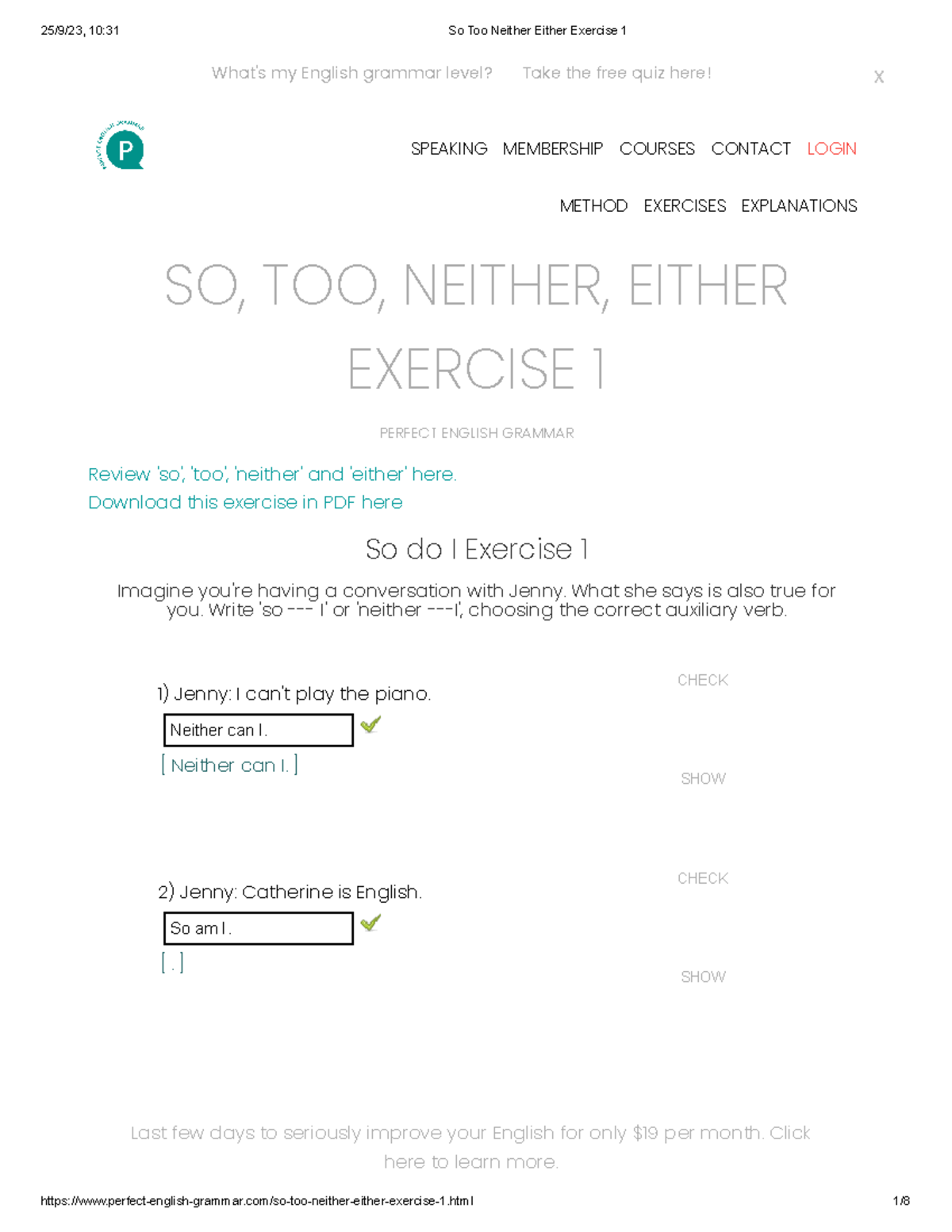 So, Too, Neither, Either - Exercise 1 for Perfect English Grammar - Studocu