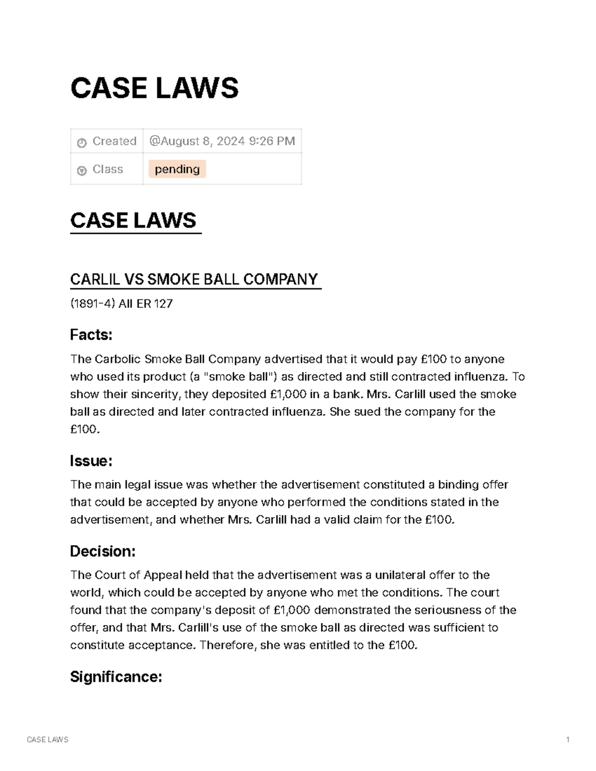 CASE LAWS (sem1) - notes - CASE LAWS Created Class pending CASE LAWS ...