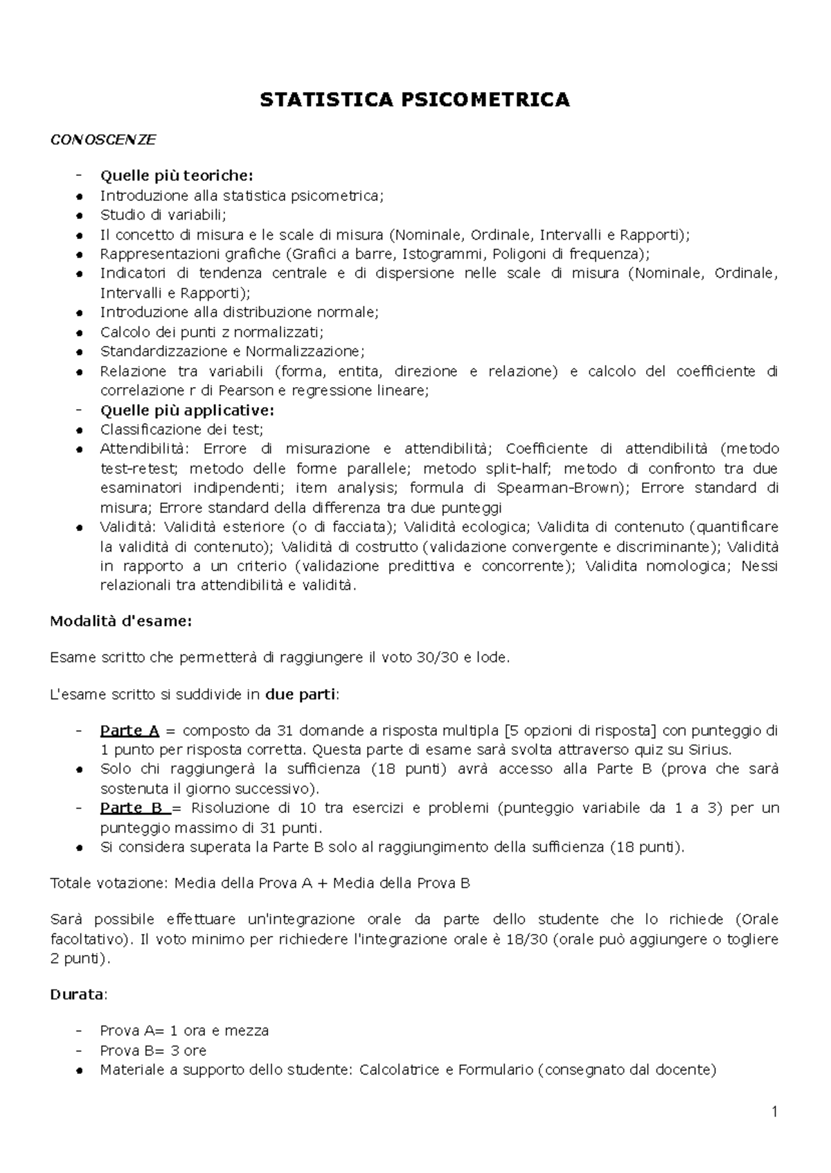 STATISTICA PSICOMETRICA: Appunti Completi Lezione 1 (STAT101) - Studocu