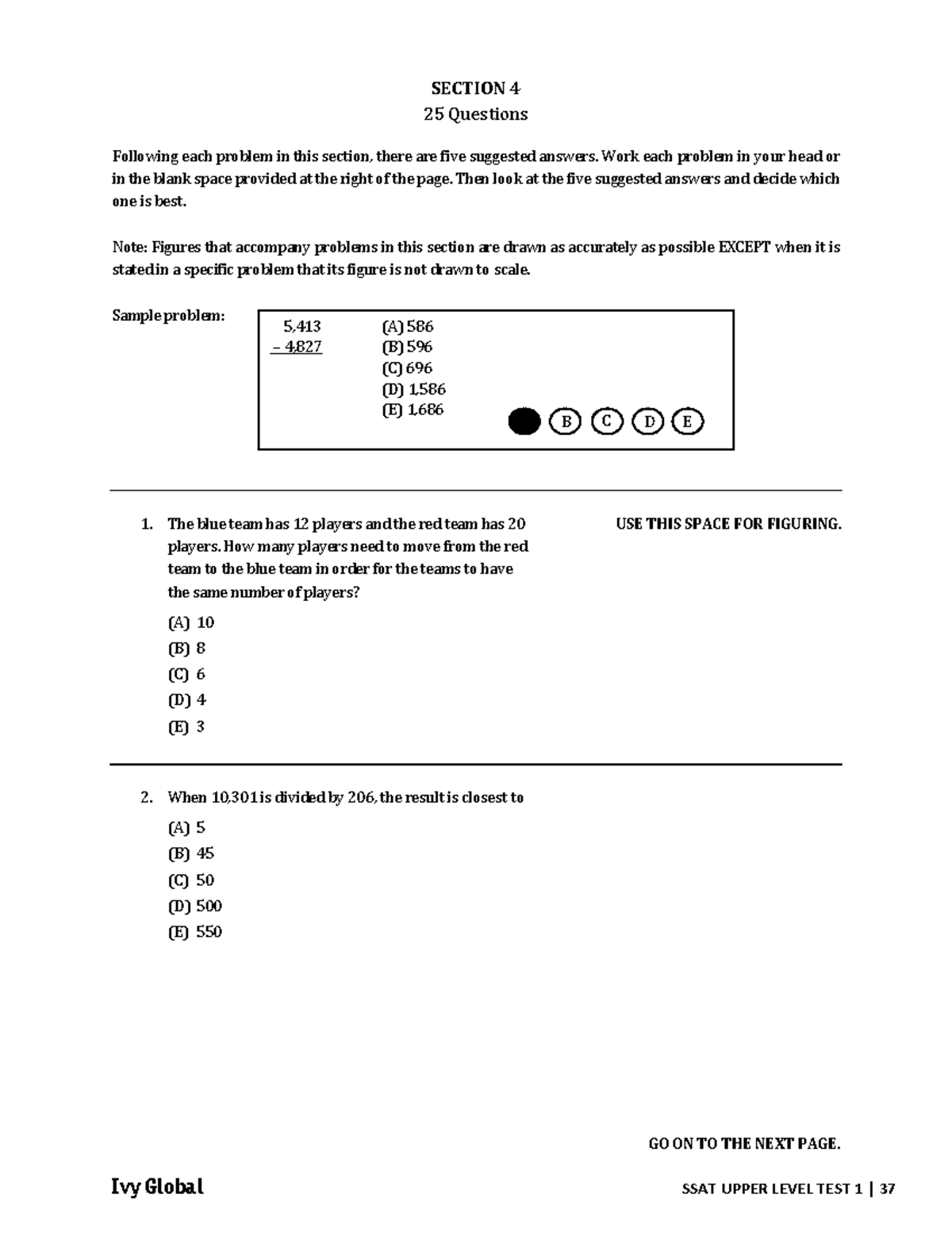 Ssat upper level test quantitative section 2 GO ON TO THE NEXT PAGE