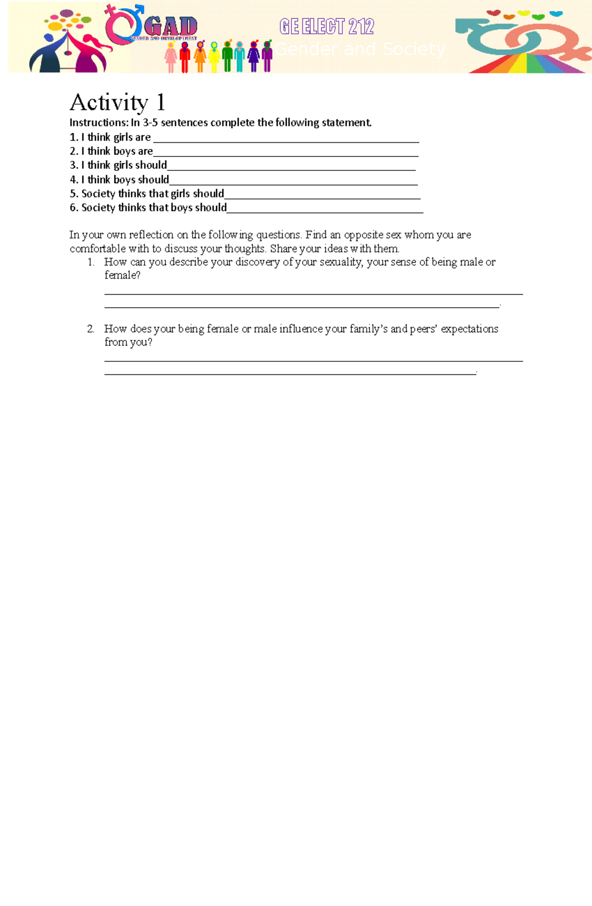 GAD Activity Sheets: Gender Perspectives and Reflections Part 1 - Studocu