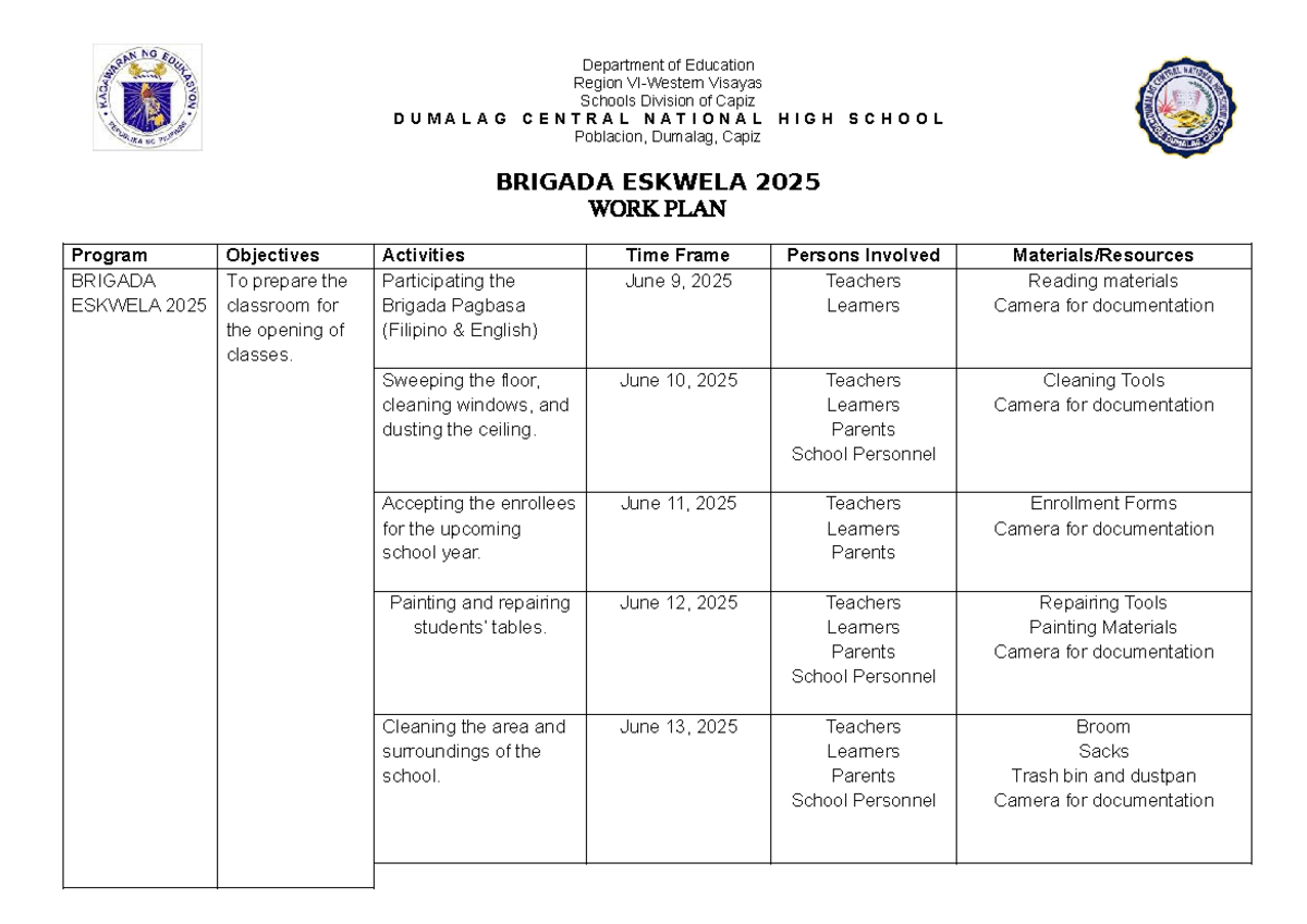 Brigada Eskwela 2025 Work Plan for Central National High School - Studocu