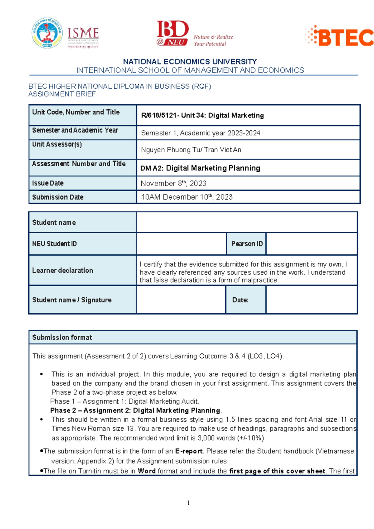 DM A2 F23 - Digital Marketing Planning Assignment Guide - Studocu